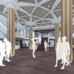 Proposed redesigned entrance hall with repositioned central staircase, information desk (left) and new lifts (right).